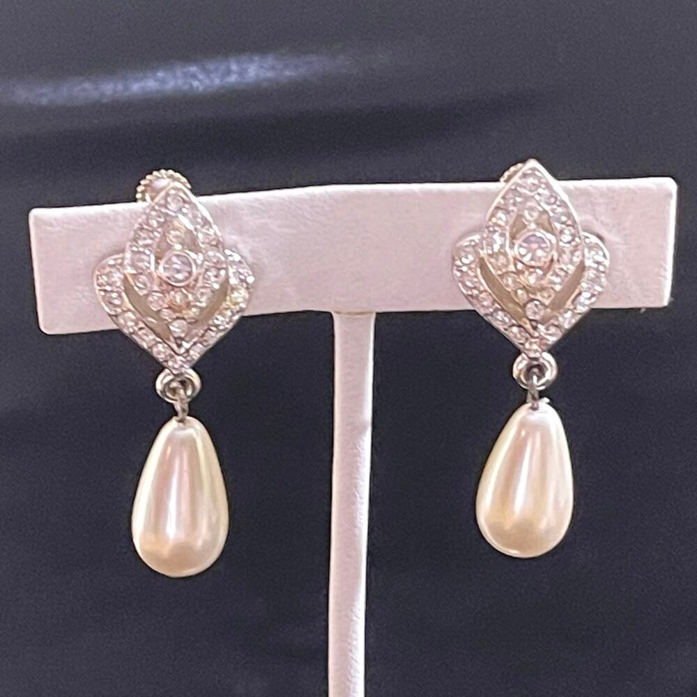 Vtg NAPIER Clear Rhinestone Faux Pearl Earrings Art Deco Drop Dangle Formal